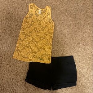 Mustard lace tank top and Black Jean Shorts